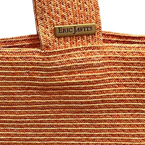 Eric Javits New York Orange Raffia Straw Tote Bag With Green Lining - Picture 10 of 10
